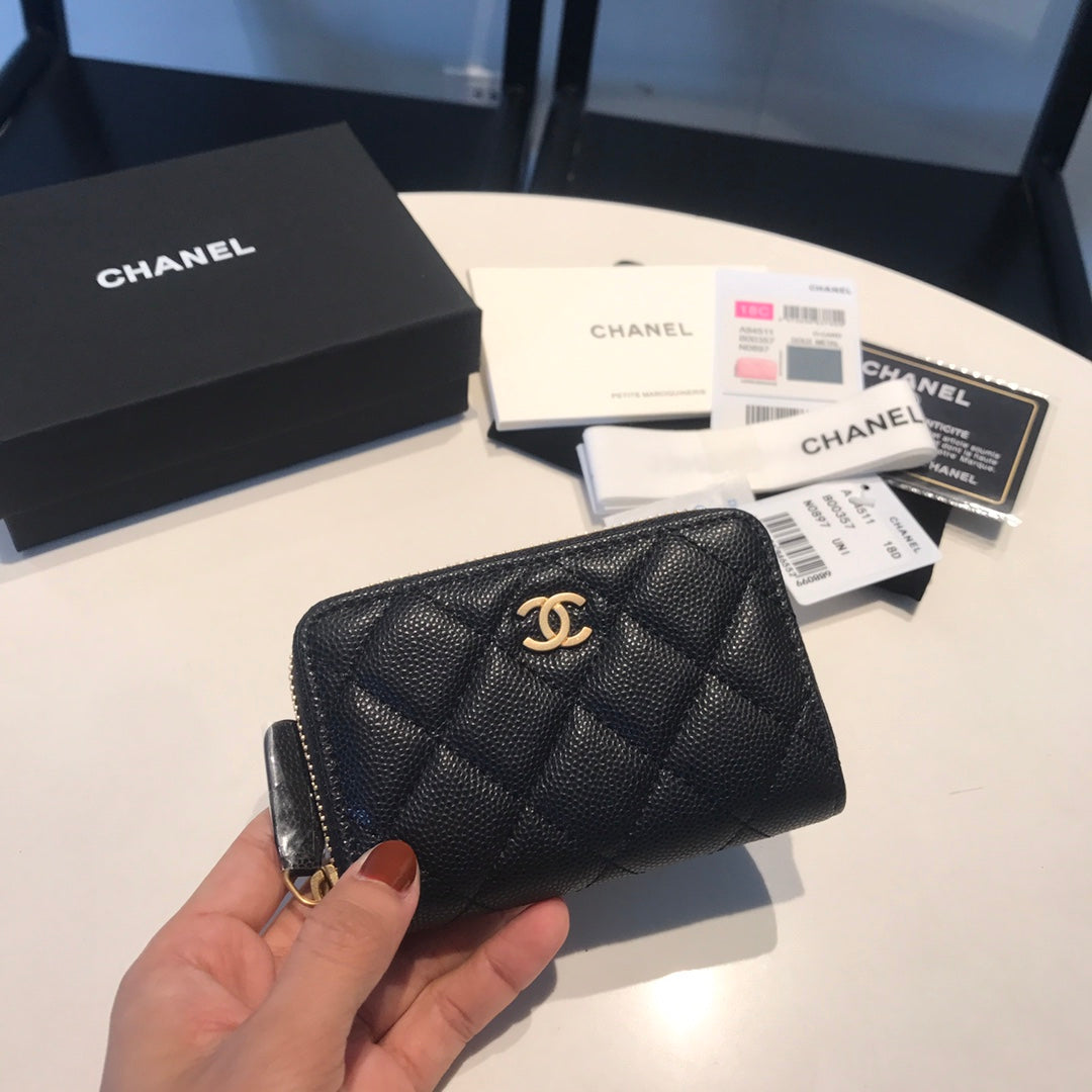 CHANEL ZIPPED CAVIAR PURSE 11 BLACK CALFSKIN GOLD ICON
