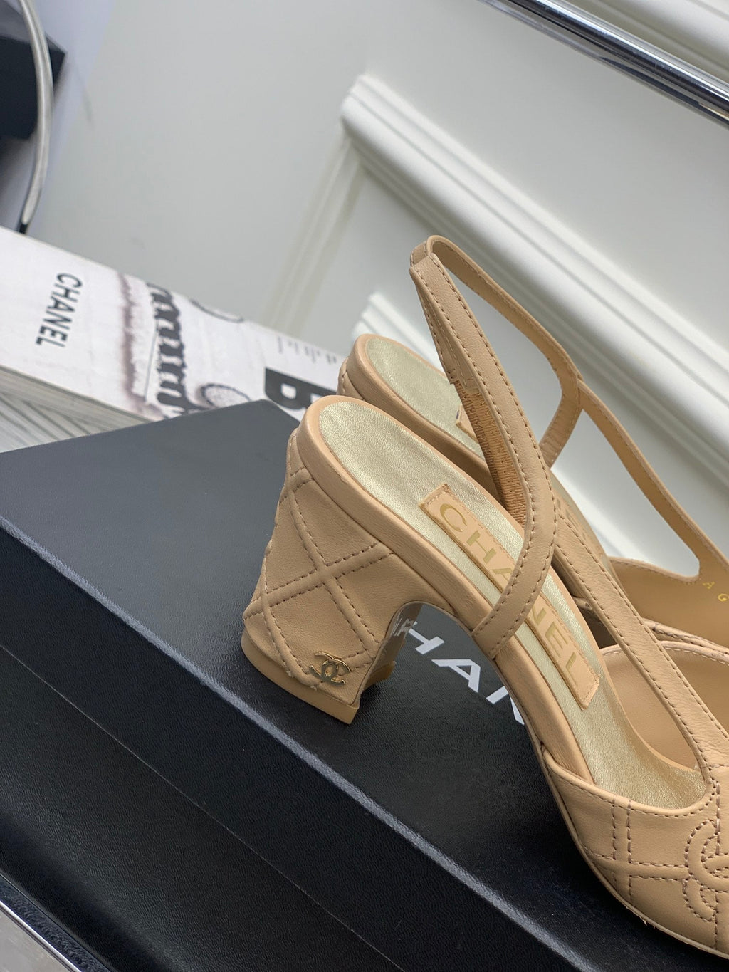 CHANEL HIGH SLINGBACKS 65 BEIGE CREAM MIX BLACK CALFSKIN