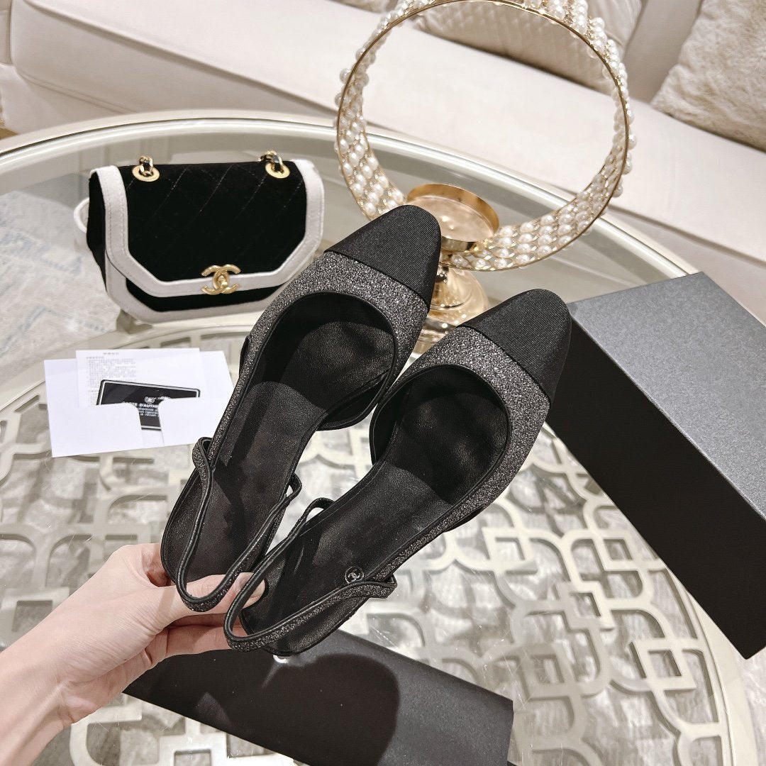 CHANEL slingback 2.5 glietter grey black grosgrain