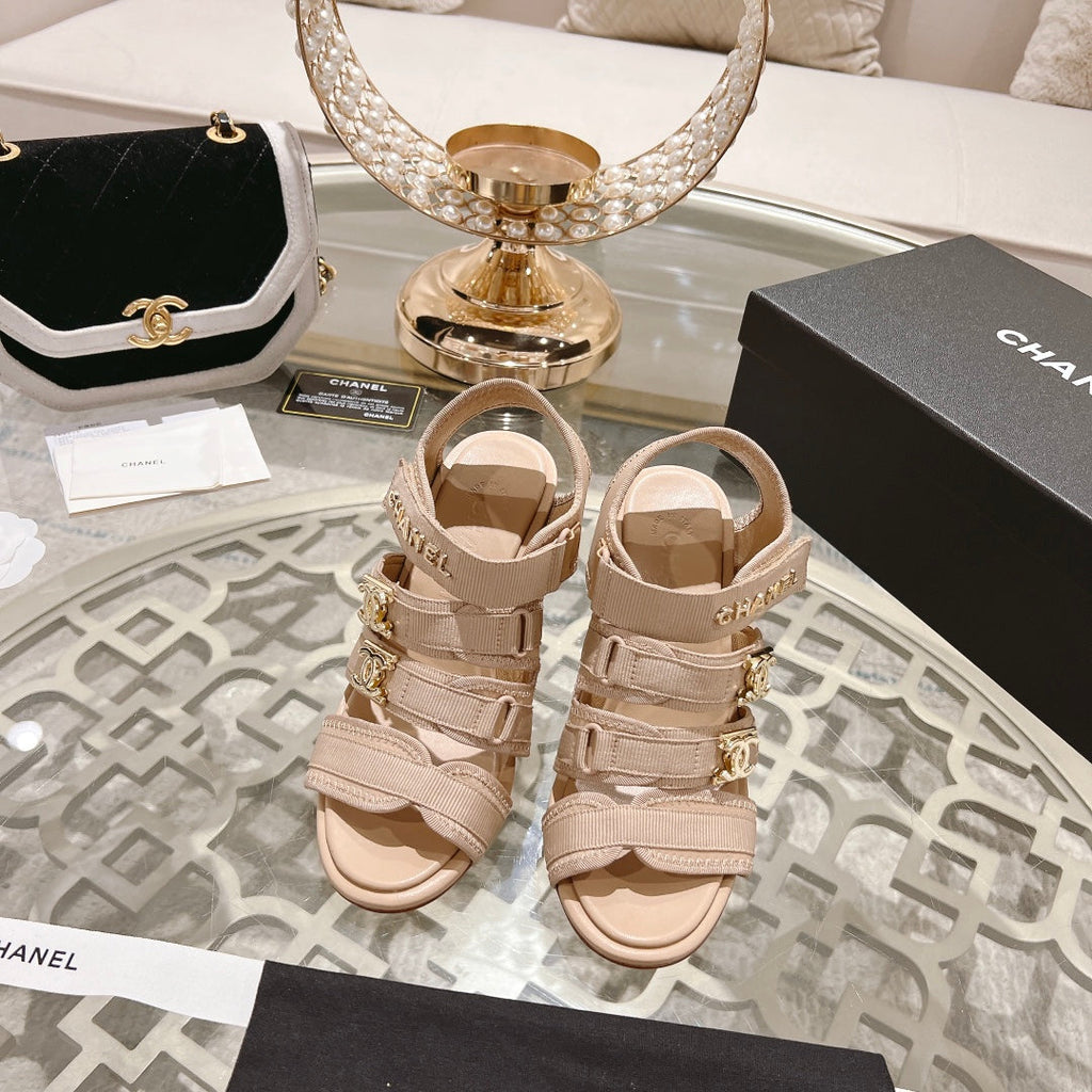 CHANEL Double C  Xiaoxiang Chain Fabric Head Chunky Heel Sandals Cream Lambskin