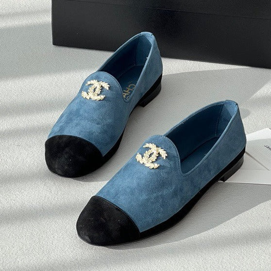 CHANEL LOAFERS IN CERULEAN BLUE MIX BLACK SUEDE