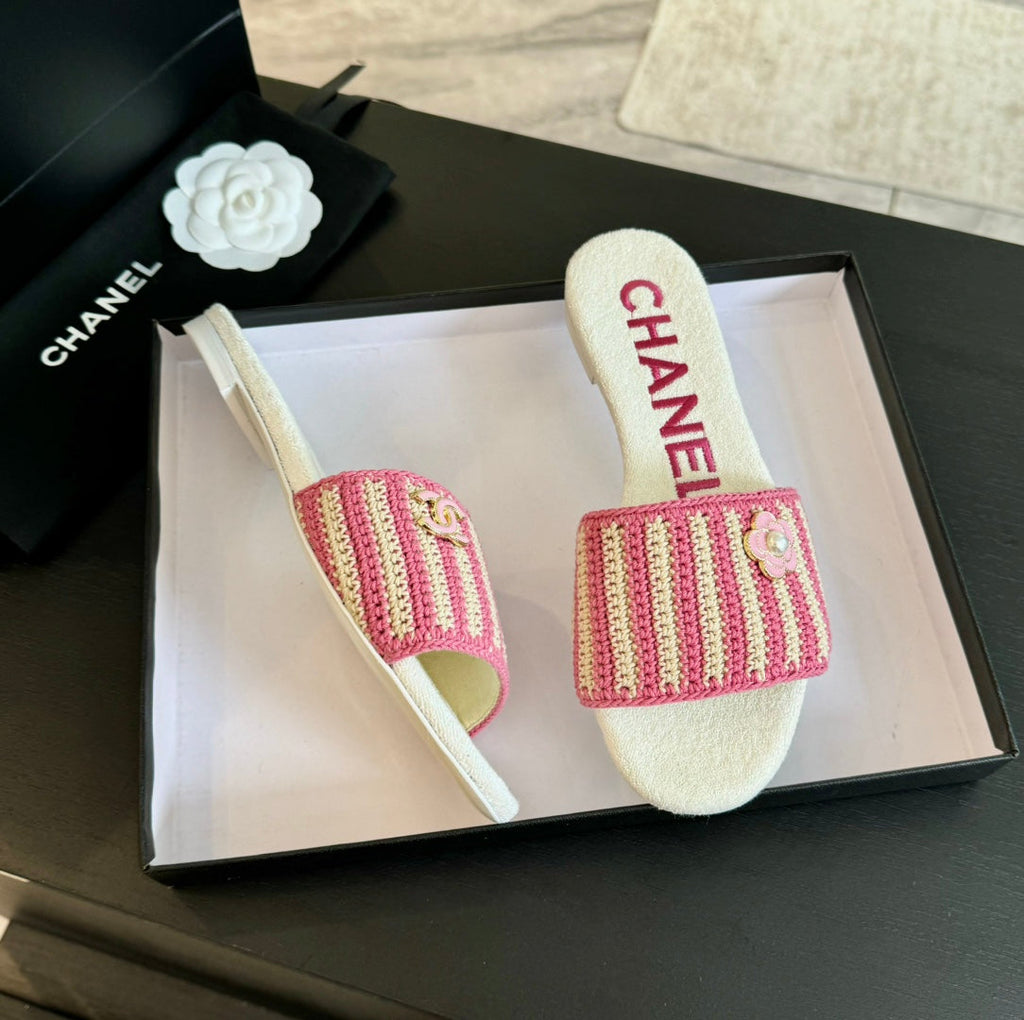 CHANEL Double C Sheepskins Knit Slippers White Pink