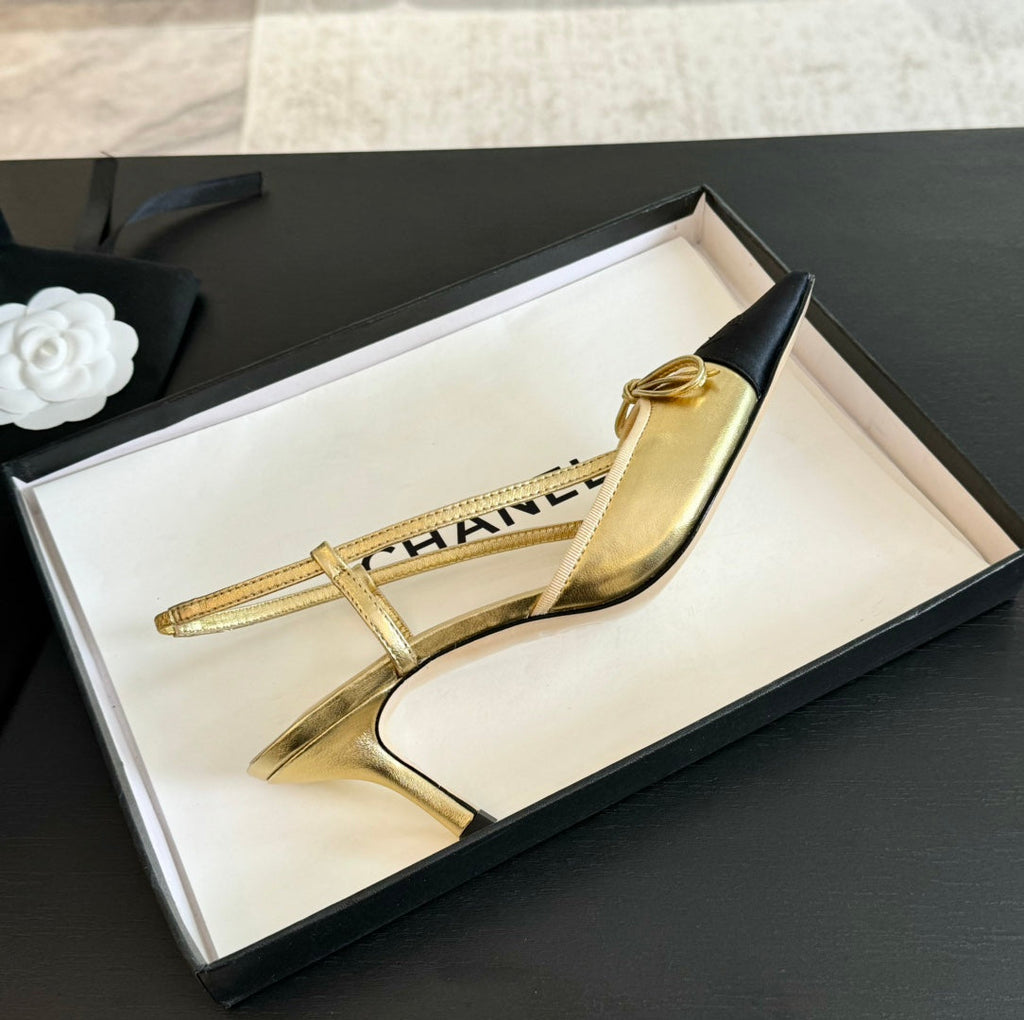 CHANEL SLINGBACK WITH BOW IN GOLDEN MIX BLACK LAMBSKIN