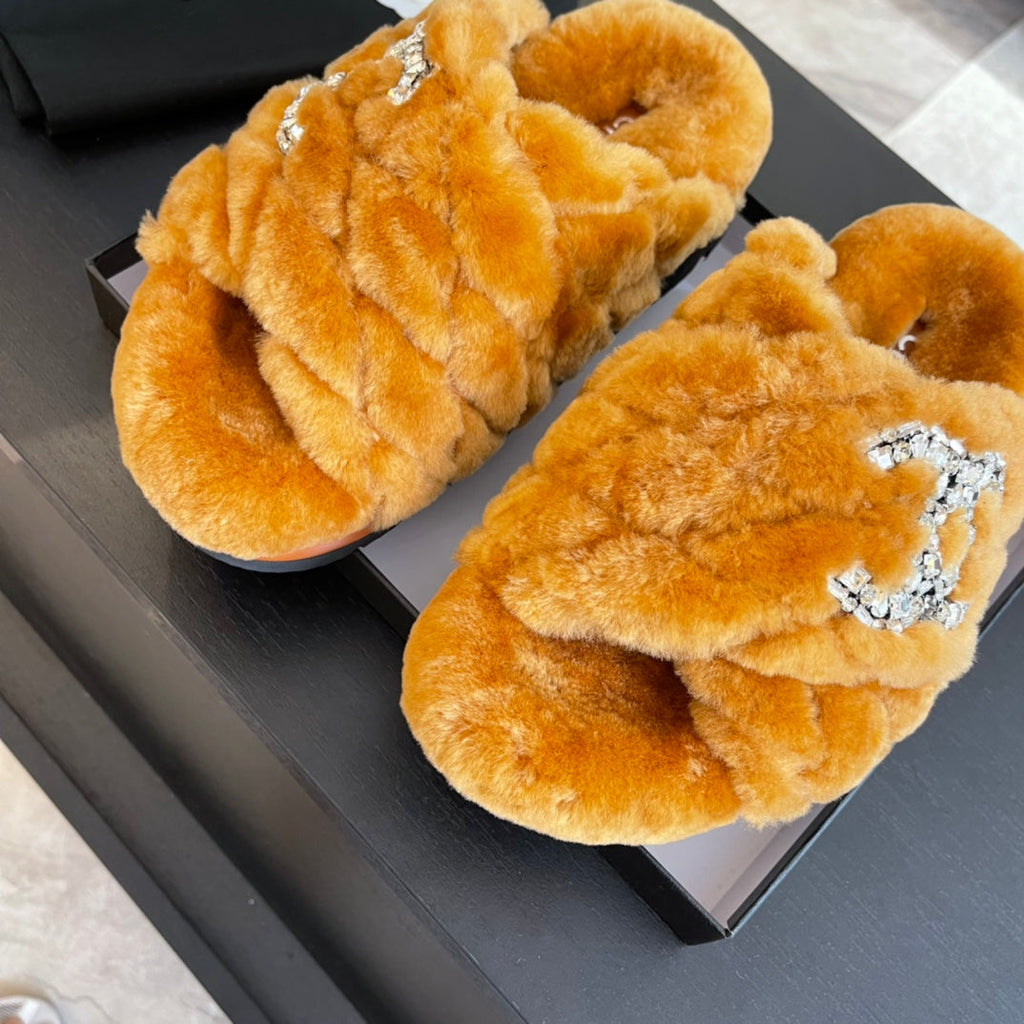 CHANEL SAFETY ORANGE FUR CROSS STRAP SLIPPERS