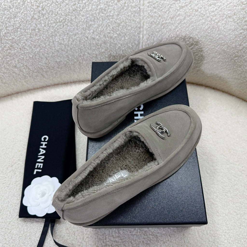 CHANEL LOAFER IN SMOKE GRAY SUEDE AND WOOL LINING