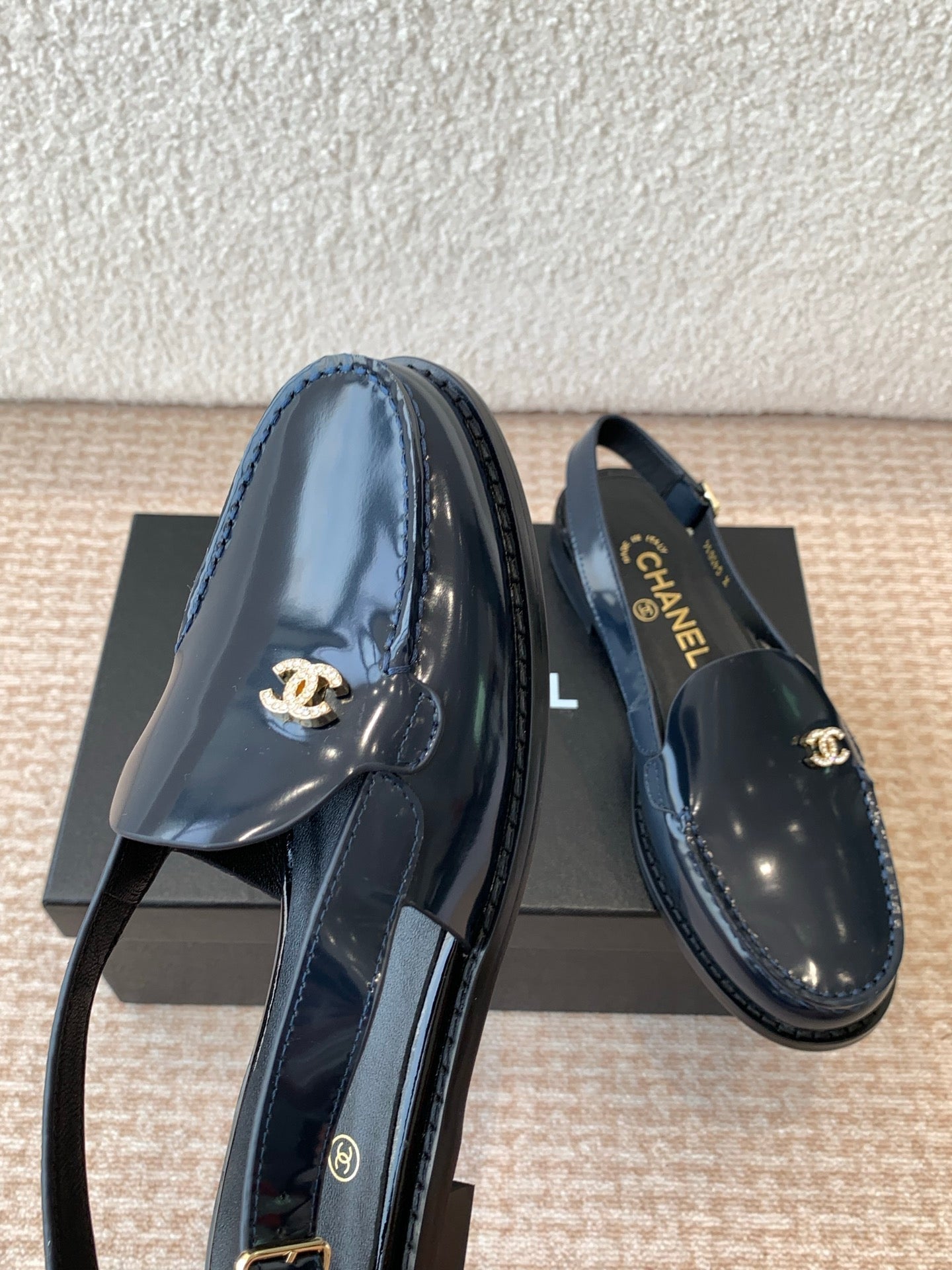 CHANEL MOASIN SLINGBACK IN AEGEAN BLUE PATENT CALFSKIN