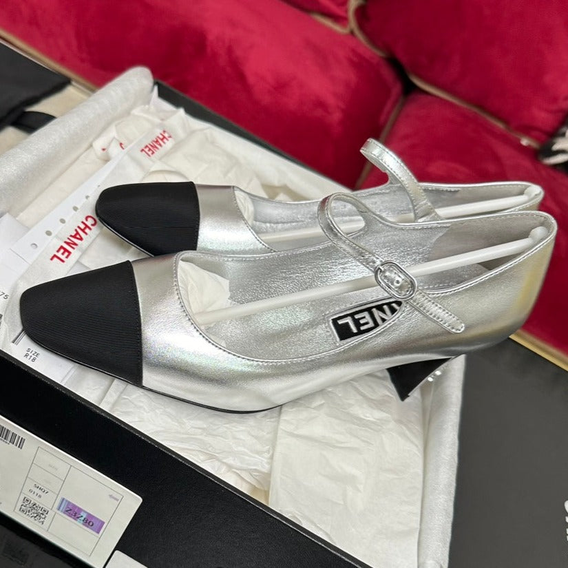 CHANEL HIGH MARY JANE IN SILVER CALFSKIN AND BLACK SATIN