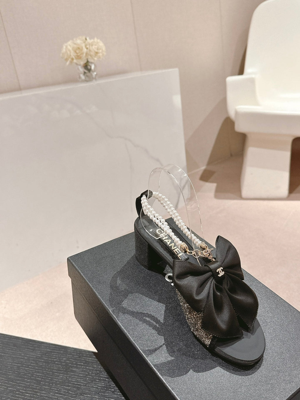 CHANEL HIGH SANDAL WITH PEARL CHAIN BLACK LAMBSKIN WITH RHINESTONES