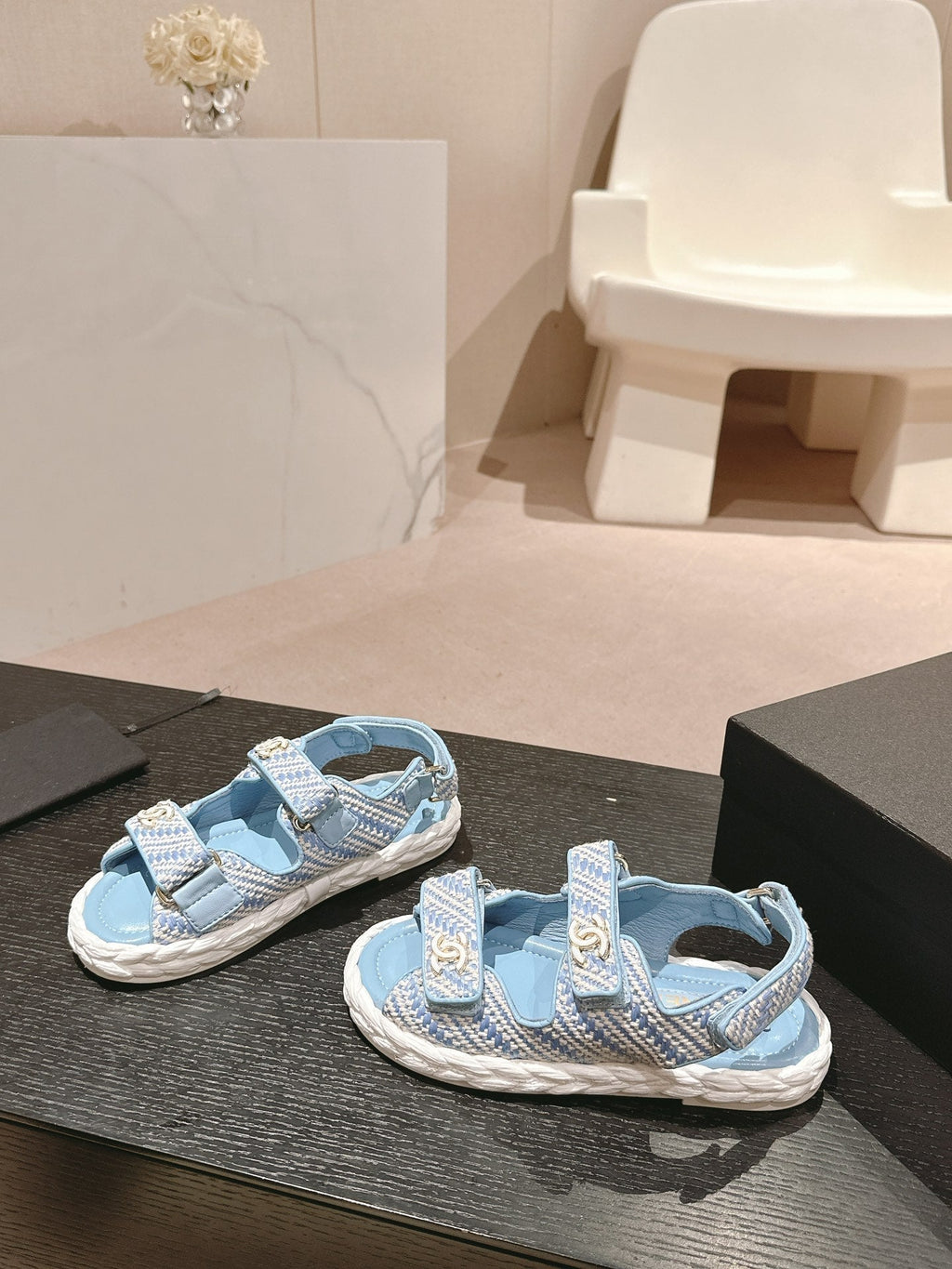CHANEL DAD SANDALS IN LIGHT BLUE CALFSKIN