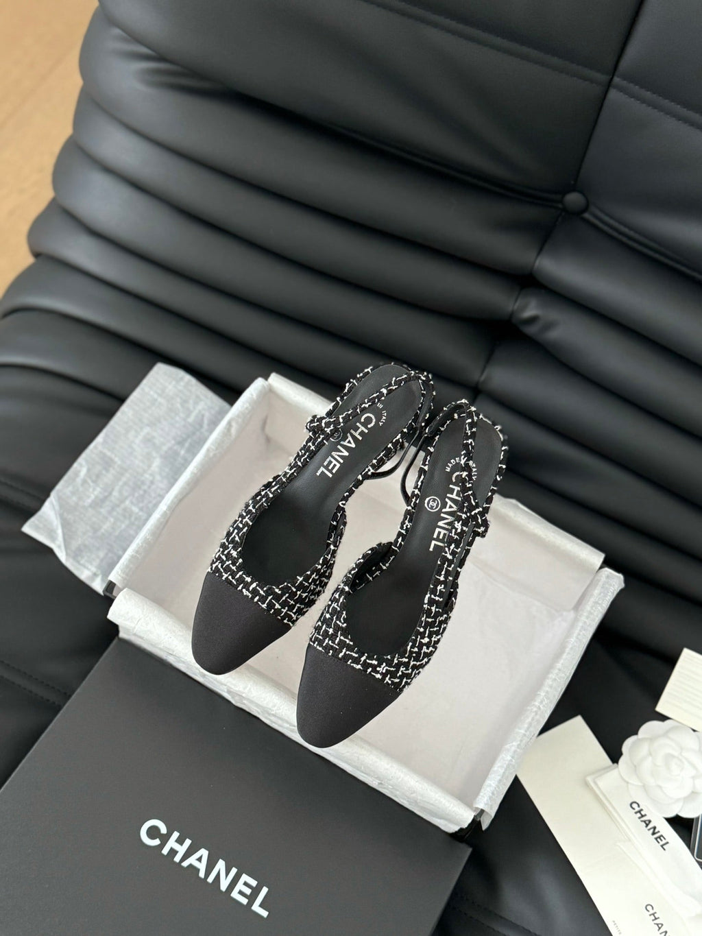 CHANEL HIGH SLINGBACK IN BLACK MIX WHITE TWEED AND LAMBSKIN