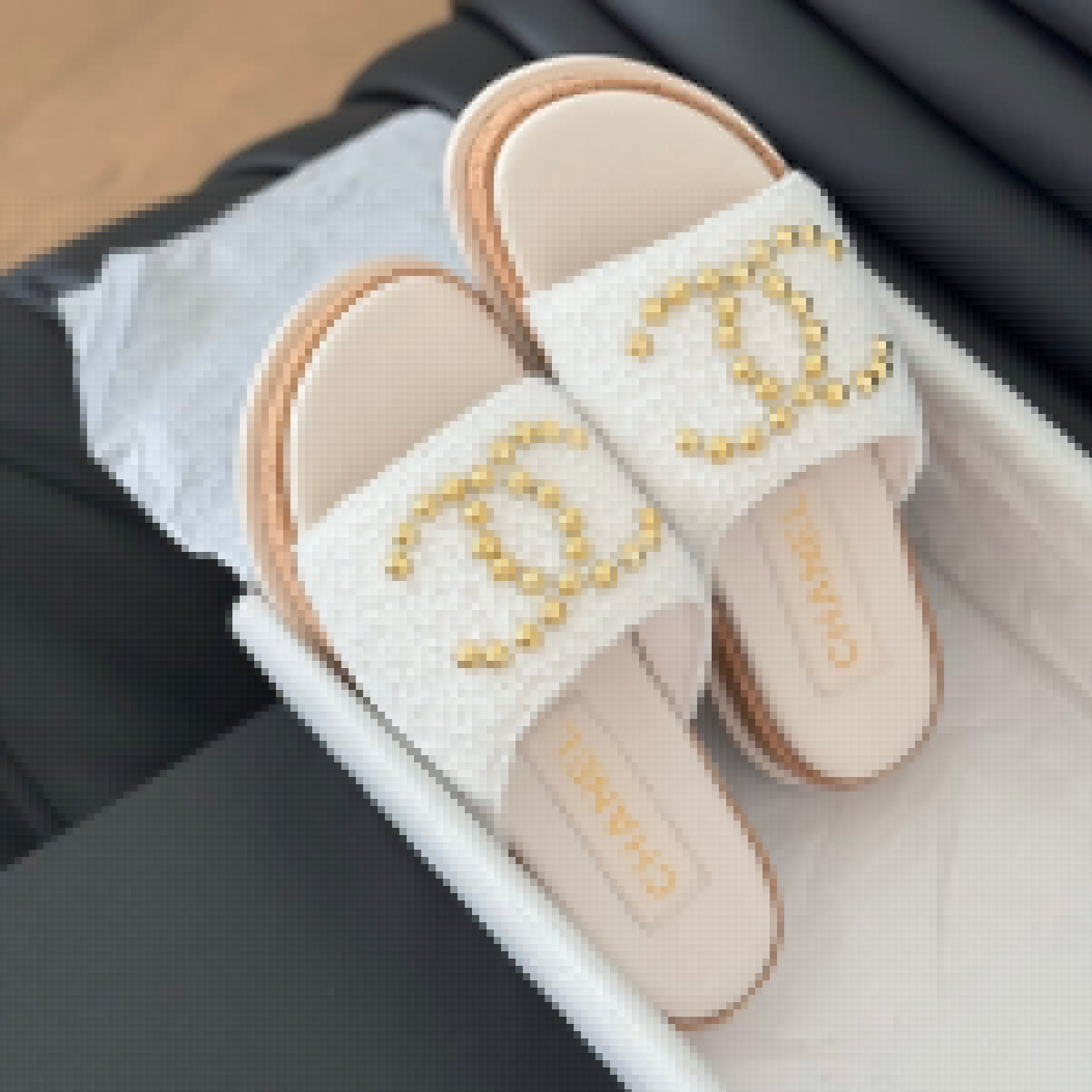 CHANEL Slippers Platform Lambskin White Cream