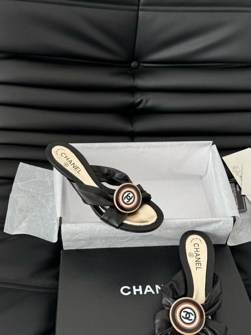 CHANEL BLACK LAMBSKIN  SLIDE SANDALS