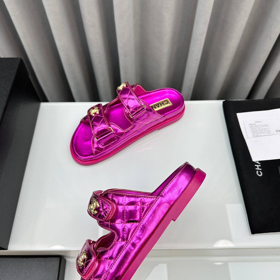 CHANEL dad sandals dark pink metalic lambskin mules