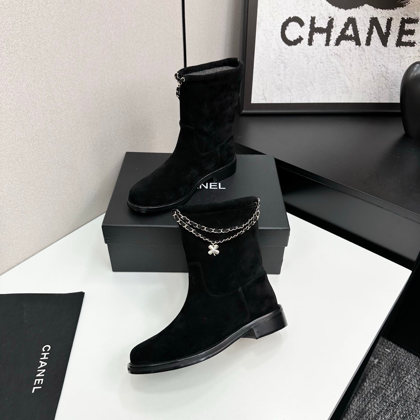 CHANEL 25S SHORT BOOTS IN BLACK SUEDE SILVER HARDWARE