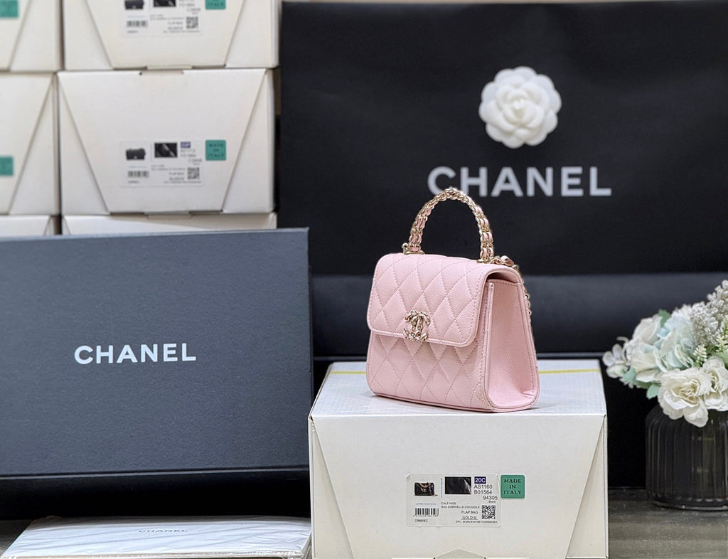 CHANEL QUILTED MINI FLAP BAG WITH HANDLE 14 IN BABY PINK LAMBSKIN GOLD PLATED METAL